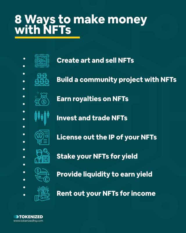 Infographic answering the question "Can you make money with NFTs?" by providing 8 concrete examples.