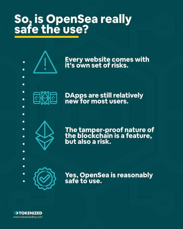 Infographic explaining whether OpenSea is safe to use or not.