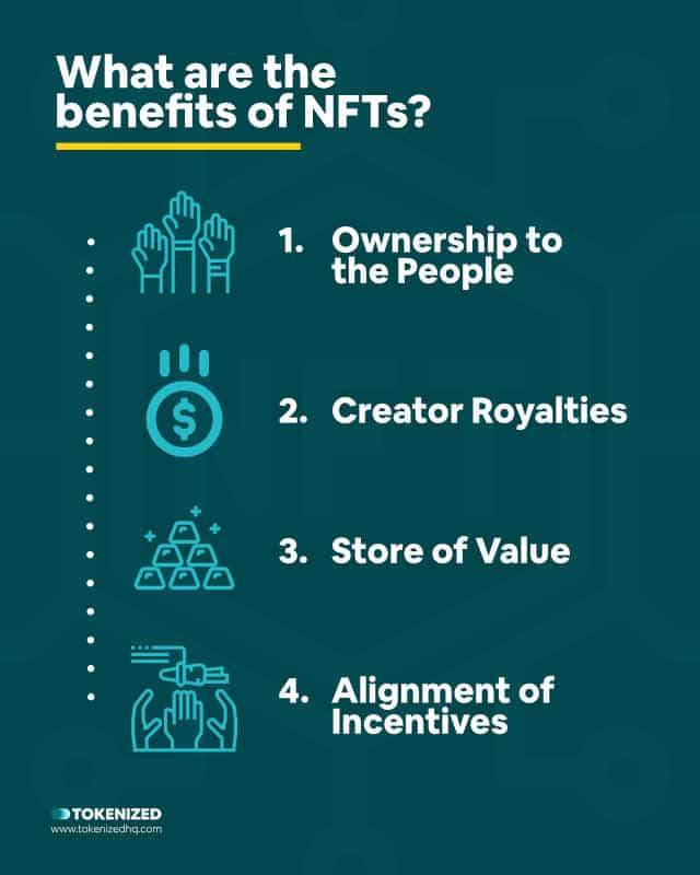 Infographic answering the question "what are the benefits of NFTs?"