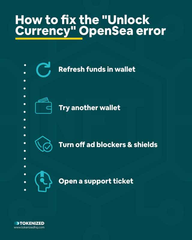 Infographic explaining how to fix the "unlock currency" error on OpenSea.