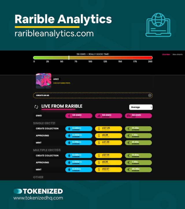 Screenshot of Rarible Analytics, a website to check live Rarible Gas Fees.