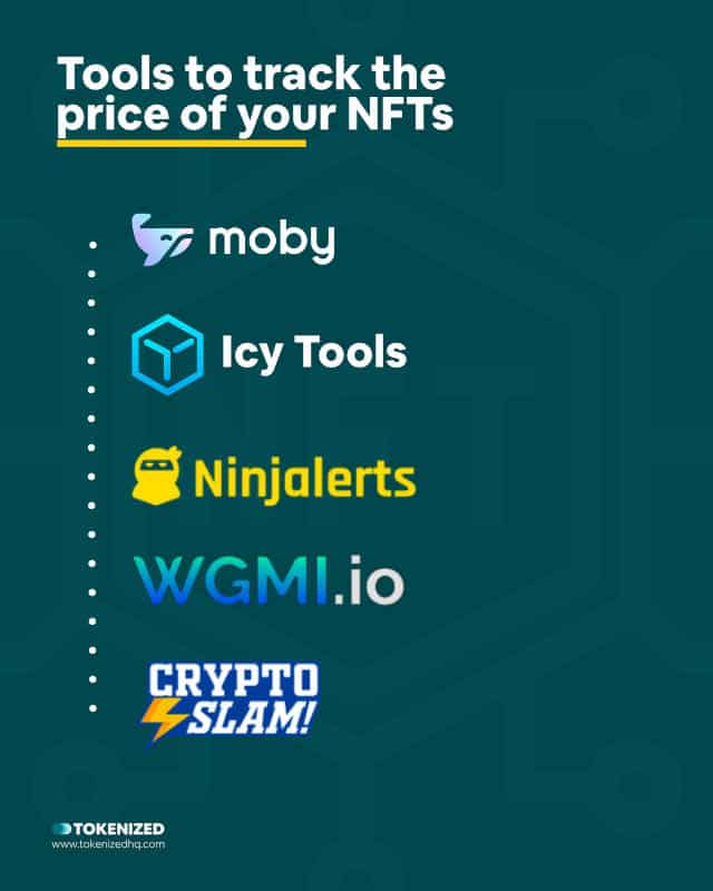 Infographic showing 5 different tools to help track the price of your NFTs.
