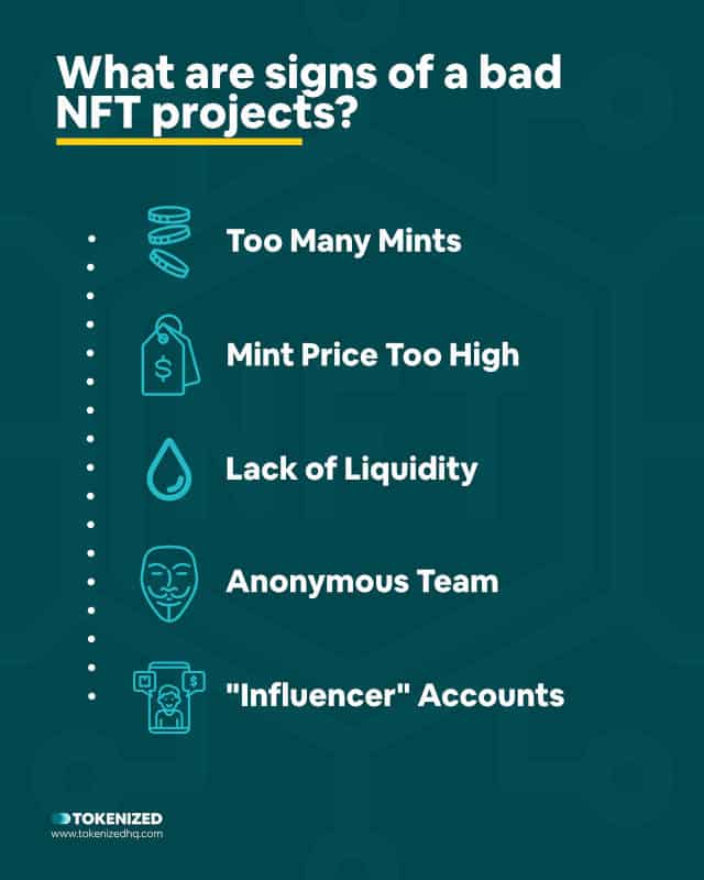 Infographic explaining the typical signs of a bad NFT project.