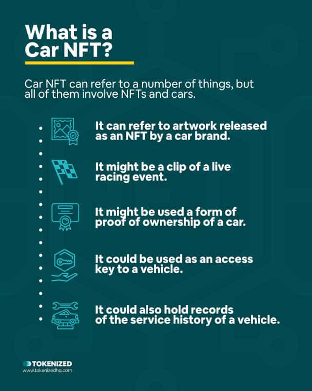 Infographic explaining what car NFTs usually refer to.