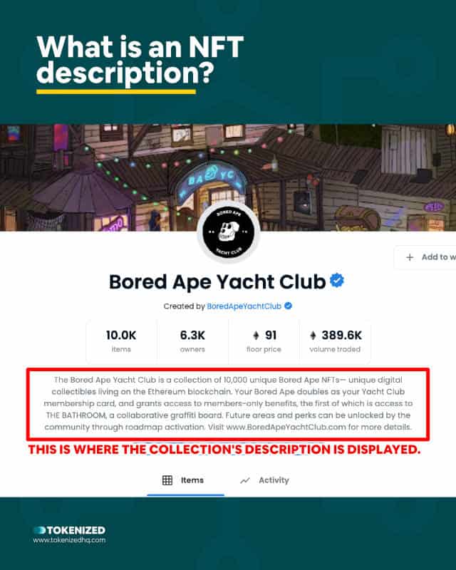 Infographic with a screenshot showing where an NFT collection description is displayed.