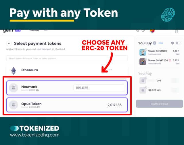 Screenshot showing how you can pay with any token on Gem.xyz.
