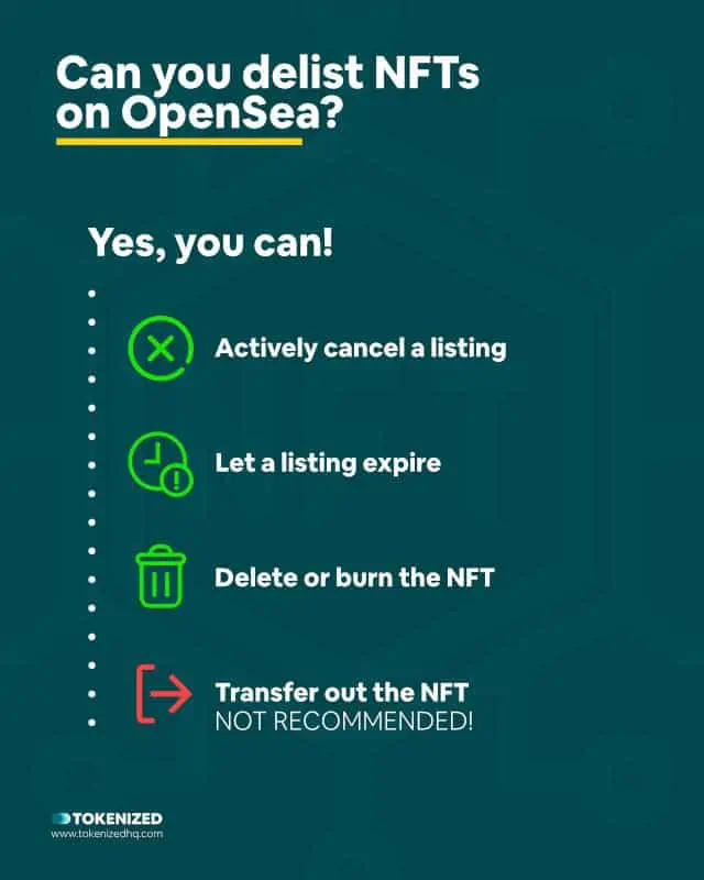 Solved: How to Delist on OpenSea the Right Way 8 Infographic explaining how you can delist on OpenSea.