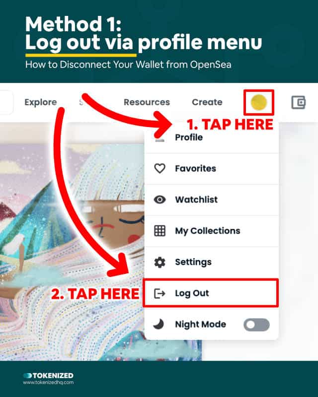 Infographic explaining how to disconnect wallet from OpenSea via the profile menu.