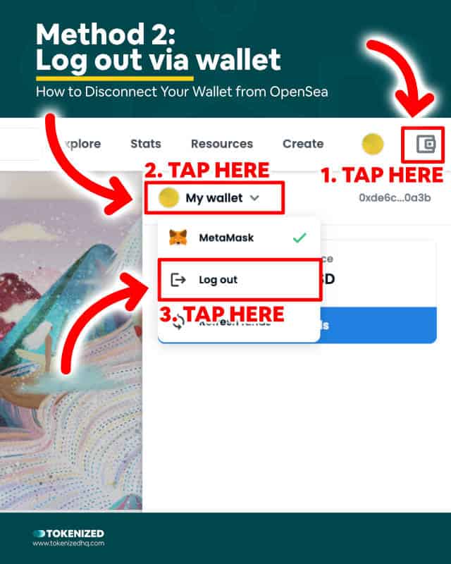 Infographic explaining how to disconnect wallet from OpenSea via the wallet menu..