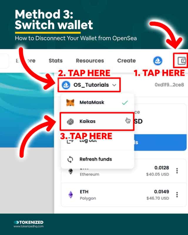 Infographic explaining how to disconnect wallet from OpenSea by switching wallets.