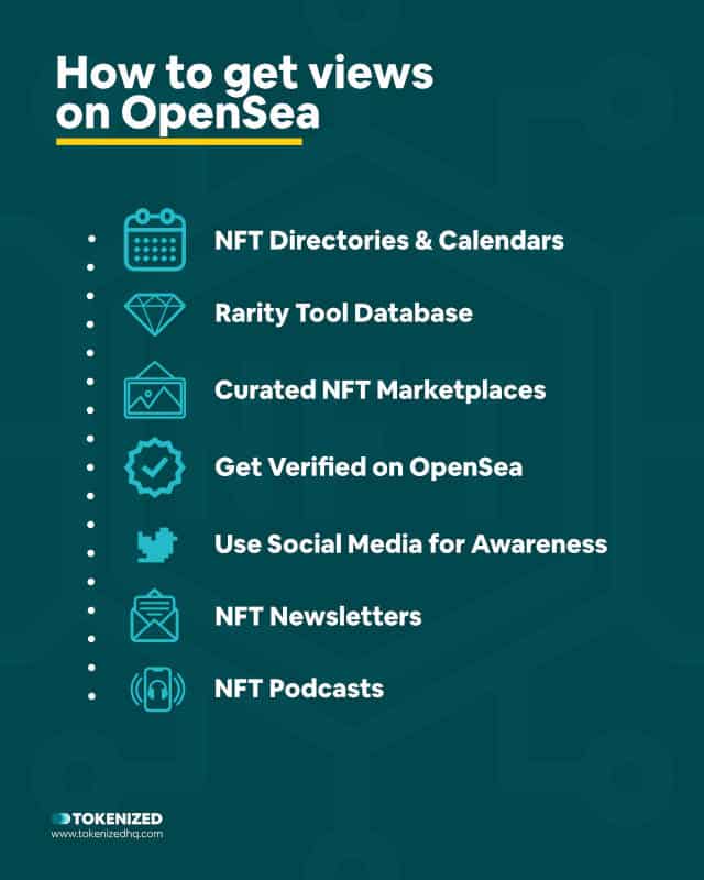 Infographic listing several ways how to get views on OpenSea.