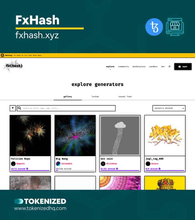 Screenshot of the "FxHash" XTZ NFT Marketplace