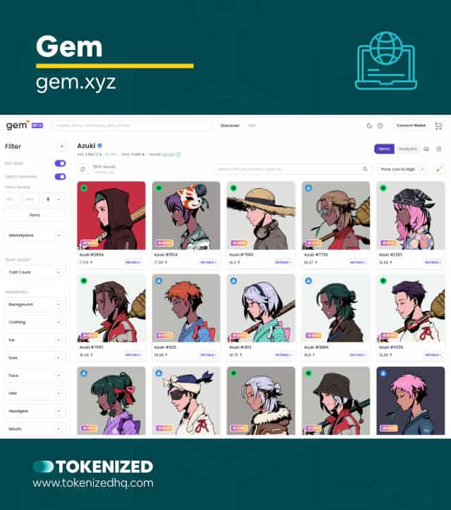 Screenshot of the "Gem" NFT marketplace aggregator website.