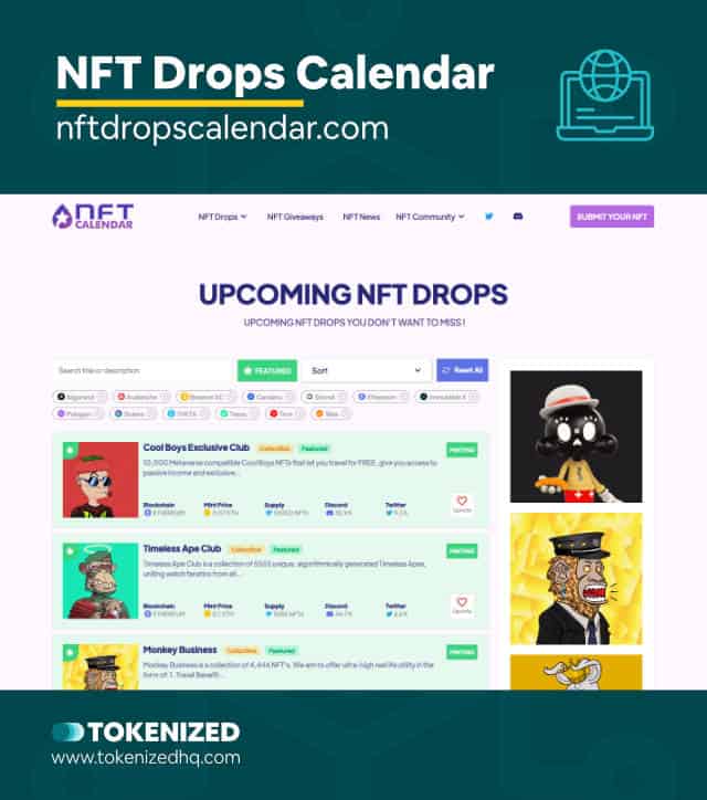 Screenshot of the NFT Drops Calendar website.