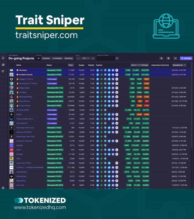 Screenshot of the rarity analytics NFT tool "Trait Sniper"