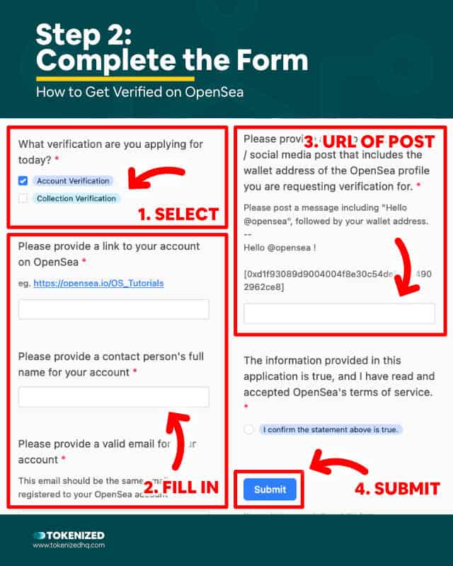 Step-by-step guide explaining how to get verified on OpenSea – Step 2: Completing the Form