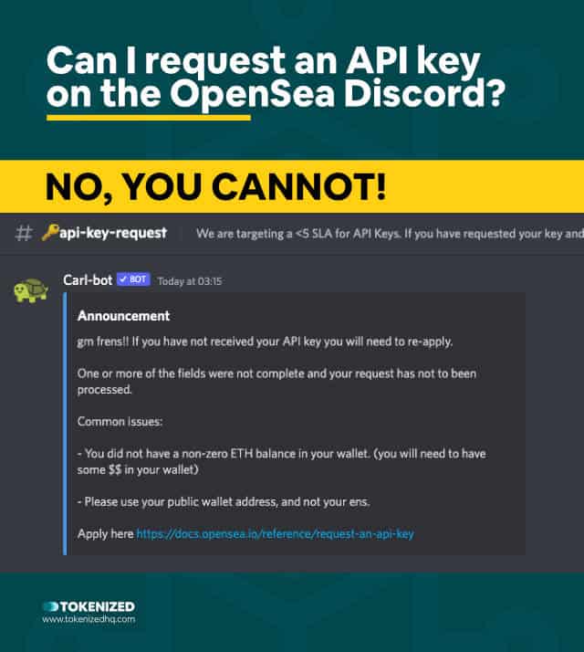 Infographic explaining that you can't apply for an OpenSea API key via the Discord channel.