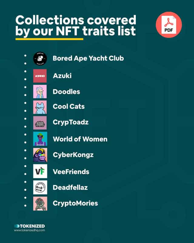 Infographic showing all the NFT collections covered by our NFT traits list PDF guide.