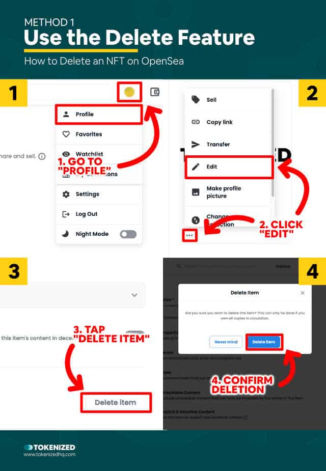 Step-by-step guide explaining how to delete an NFT on OpenSea – Method 1