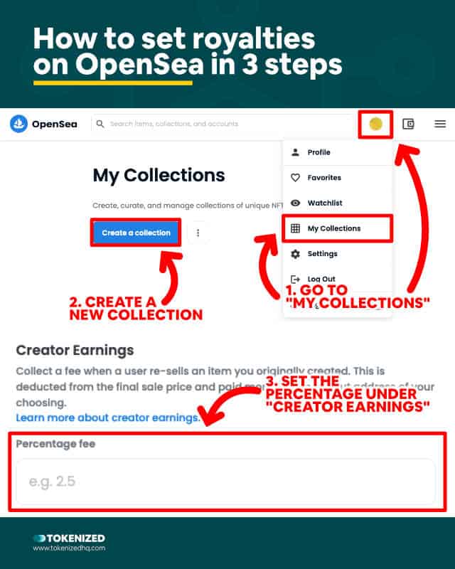 Step-by-step guide explaining how to set royalties on OpenSea in 3 easy steps.