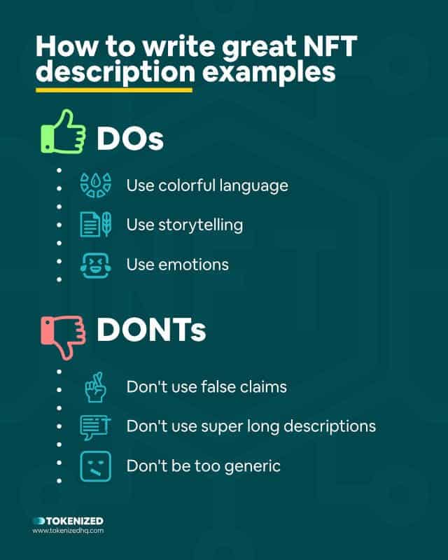 Infographic explaining how to write great NFT description examples.
