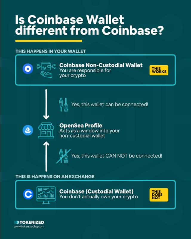 Infographic explaining how Coinbase Wallet is different from Coinbase.