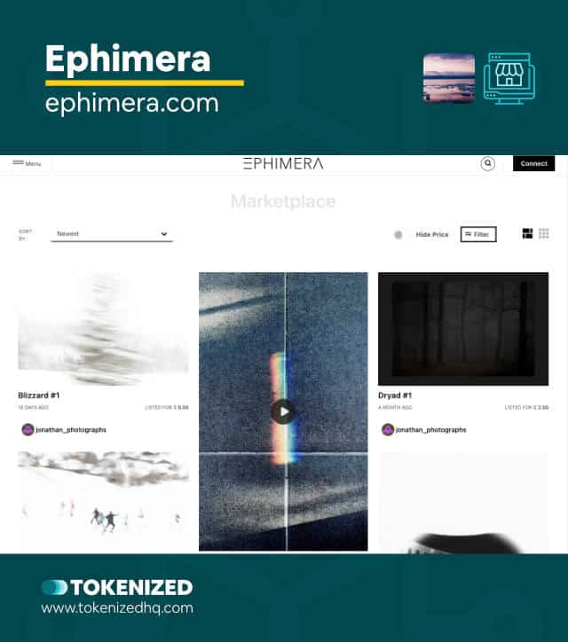 Screenshot of the "Ephimera" NFT photography marketplace website.