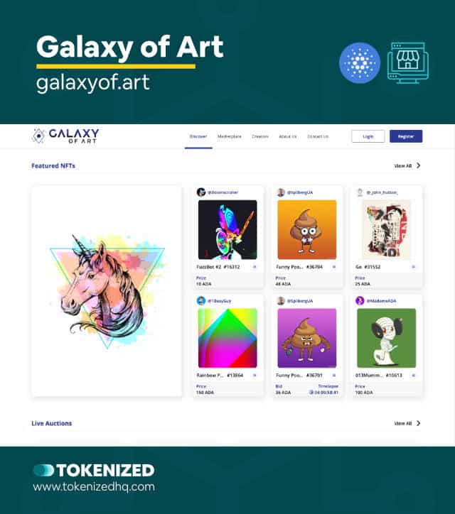 Screenshot of the "Galaxy of Art" ADA NFT marketplace website.