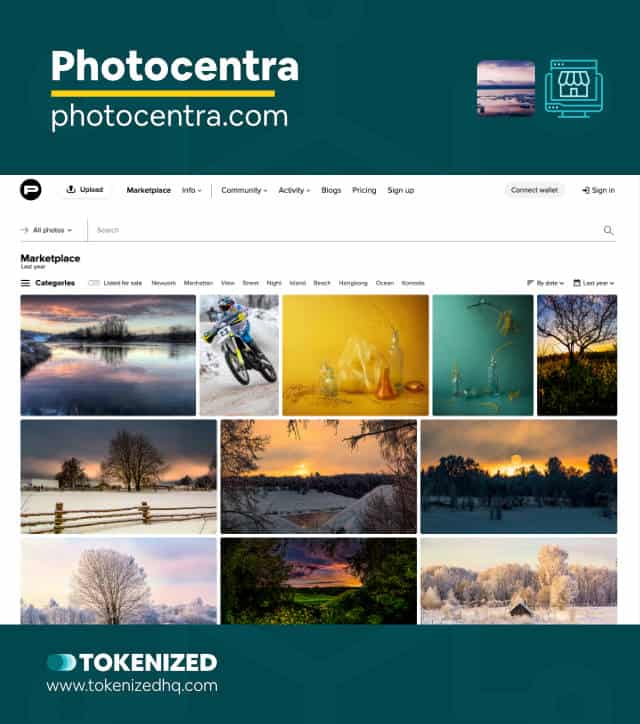 Screenshot of the "Photocentra" NFT photography marketplace website.