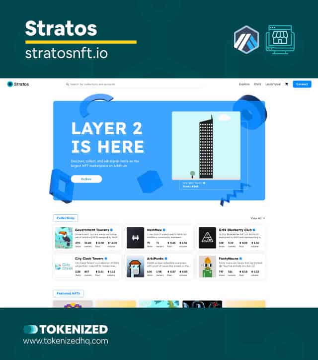 Screenshot of the "Stratos" Arbitrum NFT marketplace website.