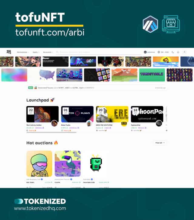 Screenshot of the "tofuNFT" Arbitrum NFT marketplace website.