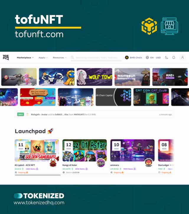 Screenshot of the "tofuNFT" Binance Smart Chain NFT marketplace website.