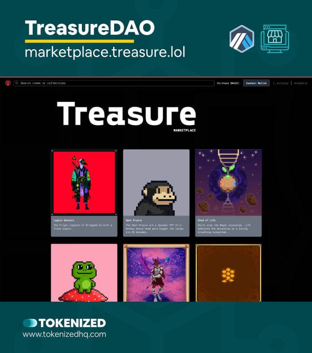 Screenshot of the "TreasureDAO" Arbitrum NFT marketplace website.