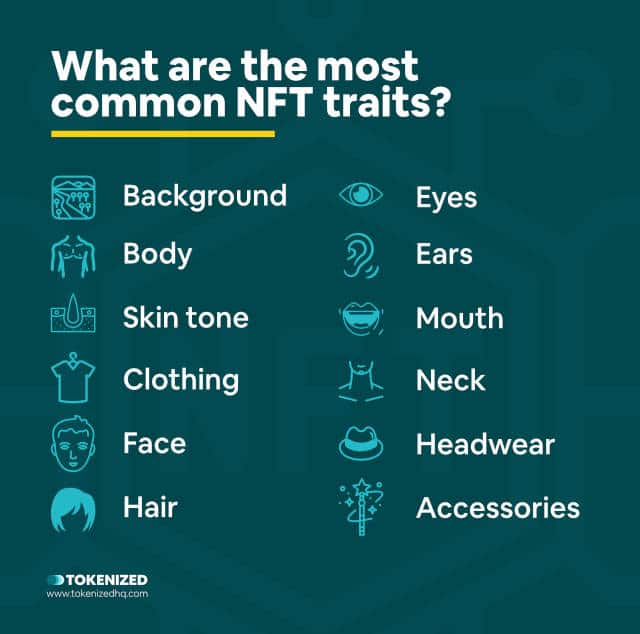 Infographic explaining what the most common items on top NFT traits lists are.