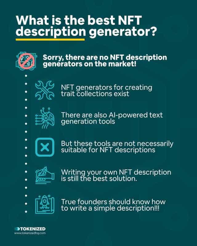 Infographic explaining what the best NFT description generator is.
