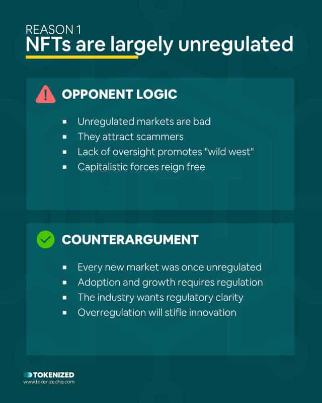 Infographich with both sides of the debate: Why do people hate NFTs – Reason 1