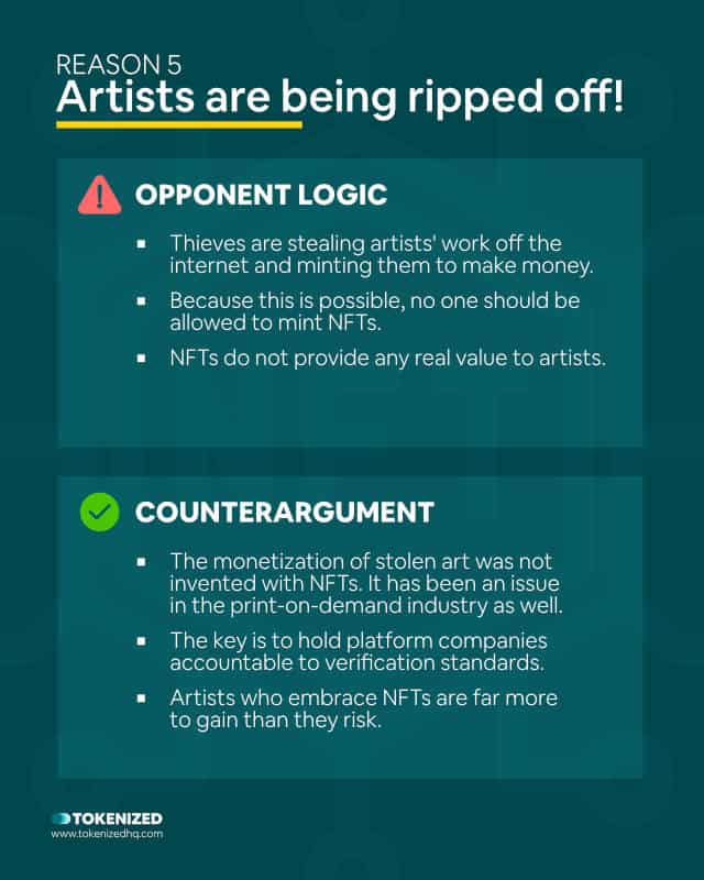 Infographich with both sides of the debate: Why do artists hate NFTs – Reason 5