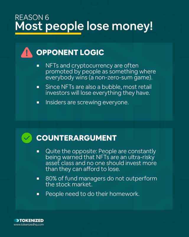 Infographich with both sides of the debate: Why do people hate NFTs – Reason 6