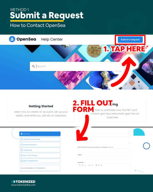 Infographic explaining how to submit a help request on OpenSea.