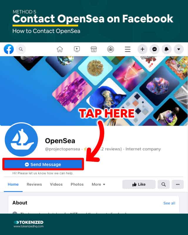 Infographic explaining how to send contact OpenSea via Facebook.
