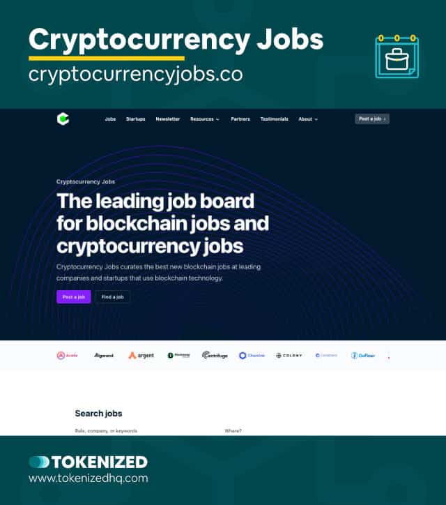 Screenshot of the Cryptocurrency Jobs website from our list of NFT jobs boards.