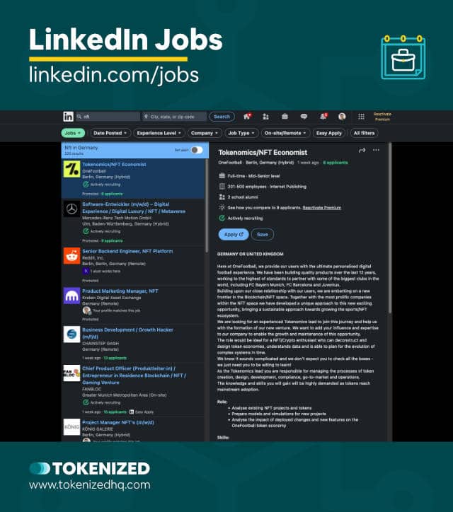 Screenshot of the LinkedIn Jobs website from our list of NFT jobs boards.