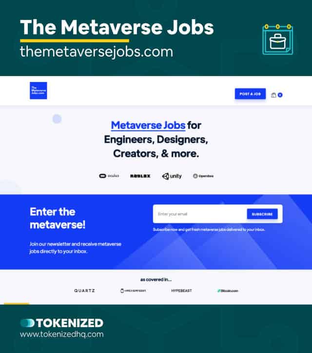 Screenshot of the Metaverse Jobs website from our list of NFT jobs boards.