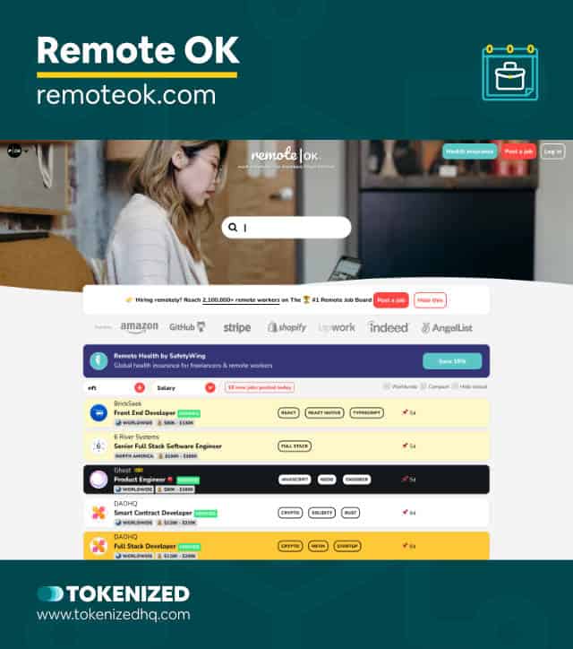 Screenshot of the Remote OK website from our list of NFT jobs boards.