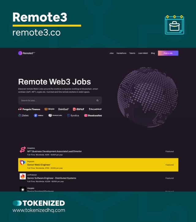 Screenshot of the Remote3 website from our list of NFT jobs boards.
