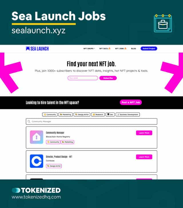 Screenshot of the Sea Launch website from our list of NFT jobs boards.