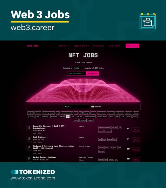 Screenshot of the Web 3 Jobs website from our list of NFT jobs boards.
