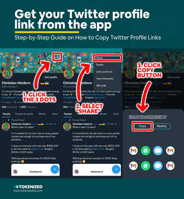 Step-by-step guide explaining how to copy your Twitter profile link on the app.
