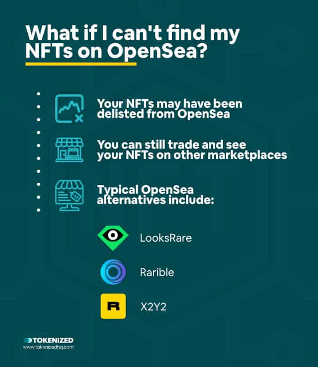 Infographic explaining what to do if you can't find your NFT on OpenSea.