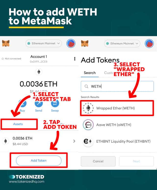 Infographic explaining how to add WETH to MetaMask